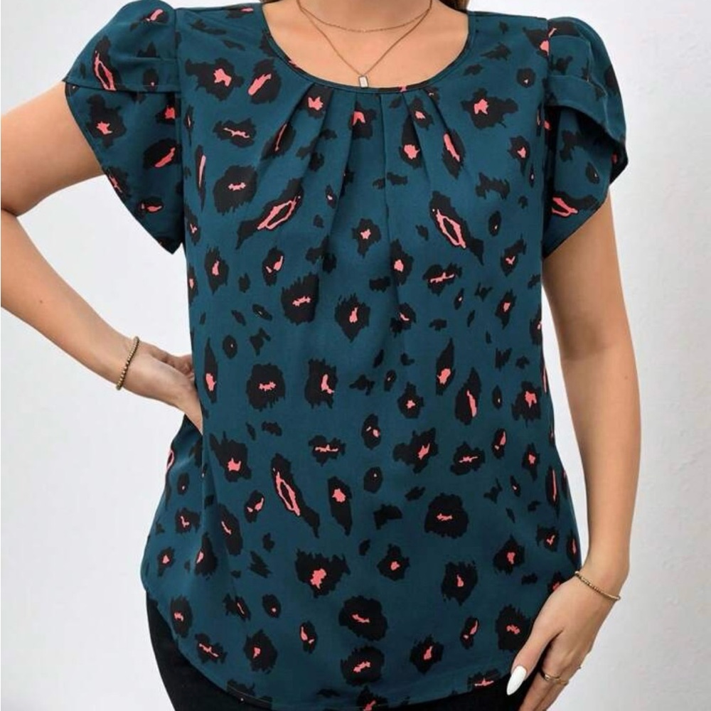 SHEIN Teal and Pink Patterned Blouse